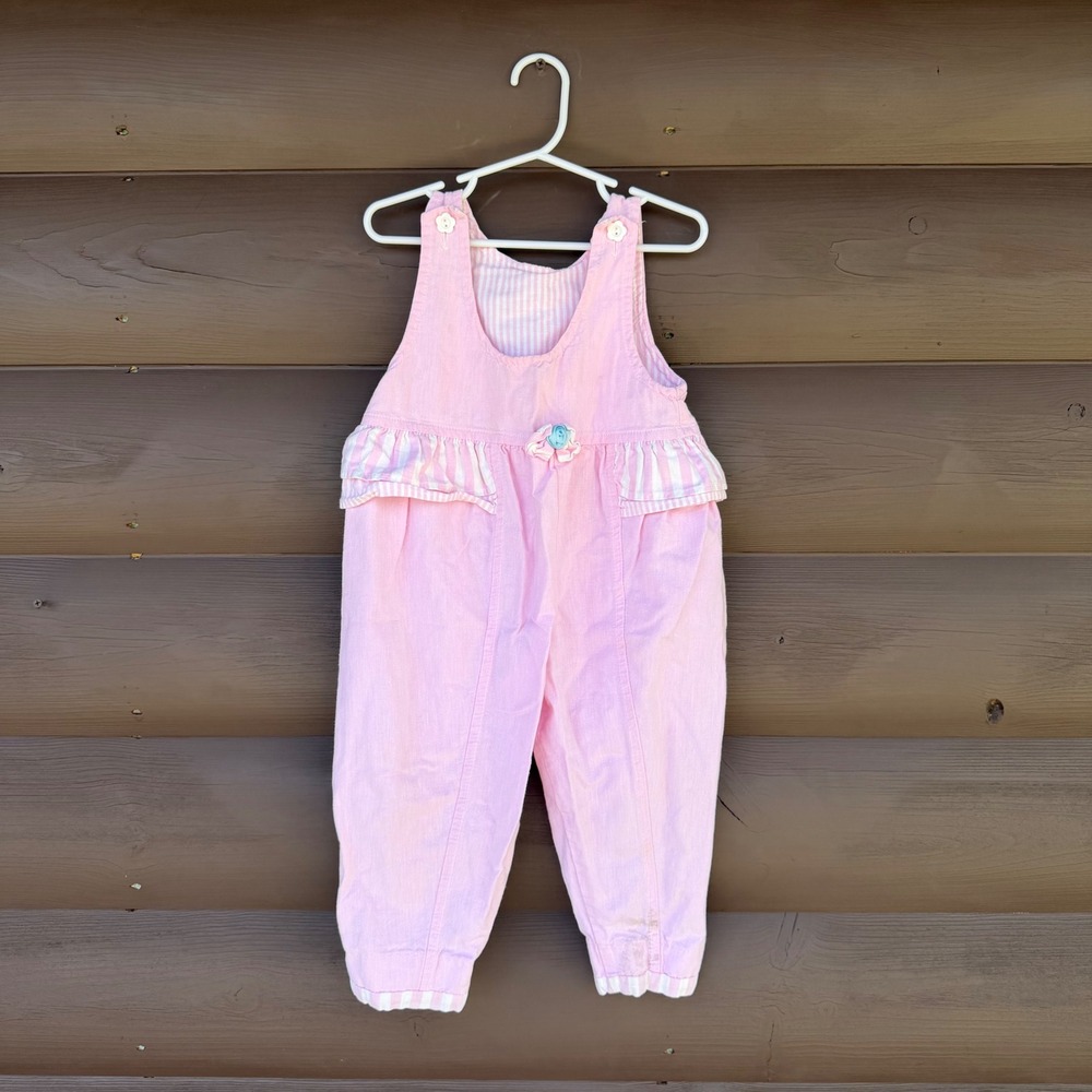 Vintage Overalls Kids Size 3T Pink Striped Ruffle Canvas Bib Jumpsuit